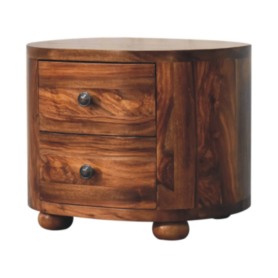 Sheesham wood bedside cabinet featuring a curved rectangular shape, warm brown colour, prominent natural grain 