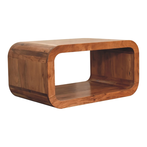 Solid wood media unit with an open rectangular design, softly rounded corners and a natural wood grain finish