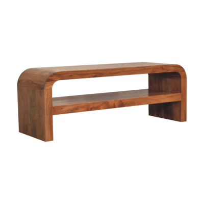 Solid wood media unit with shelf, featuring a low rectangular design with softly rounded corners and a natural wood grain 