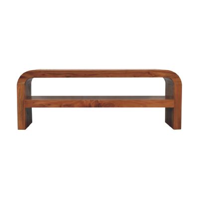 Solid wood media unit with shelf, featuring a low rectangular design with softly rounded corners and a natural wood grain 