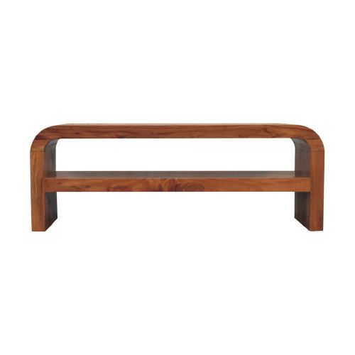Solid wood media unit with shelf, featuring a low rectangular design with softly rounded corners and a natural wood grain 