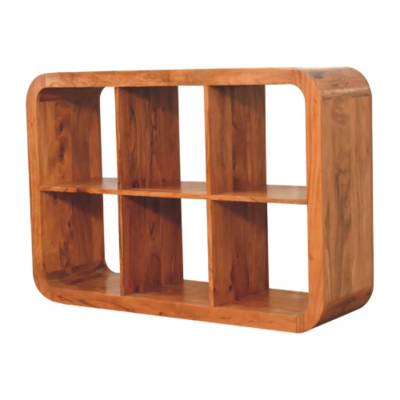 Solid wood display unit with six open compartments, a rectangular shape with rounded corners and a natural wood grain finish