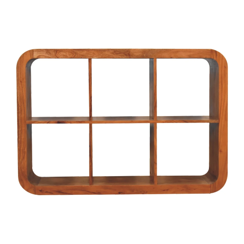 Solid wood display unit with six open compartments, a rectangular shape with rounded corners and a natural wood grain finish