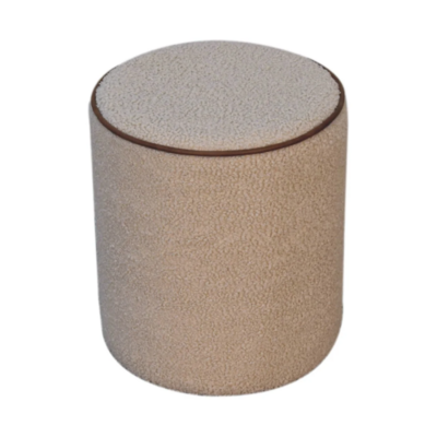 Cream bouclé round footstool with textured upholstery and stitched edge detail