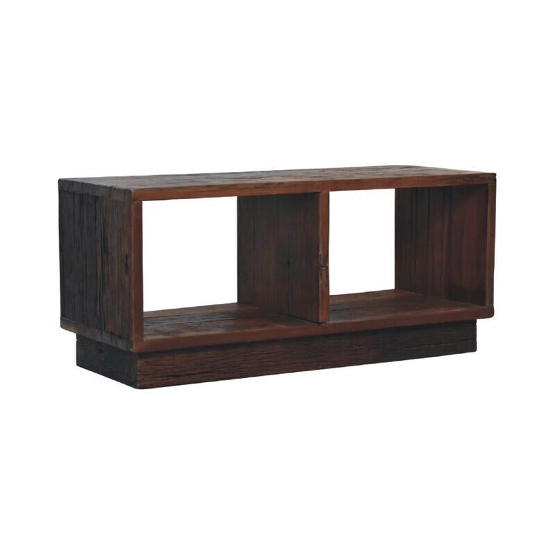 The Forest Cube Media Unit
Rectangular Unit with two open slots set on a platform base.
Dark wood Finish. Rustic Recycled Wood