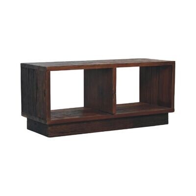 The Forest Cube Media Unit
Rectangular Unit with two open slots set on a platform base.
Dark wood Finish.  Rustic Recycled Wood