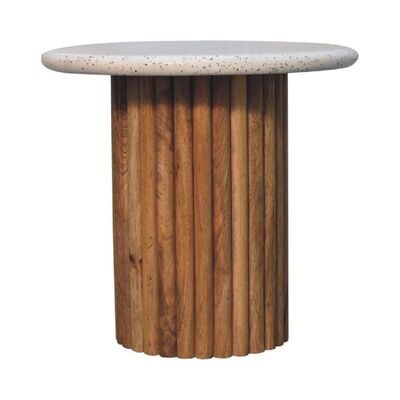 Spa Side Table The Spa Side Table sits well almost everywhere in the home and in a commercial setting. The base is made of solid Mango wood, and is finished in an Oak stain. The top is a white Terrazzo, for an easy clean and a special look.