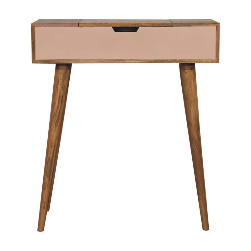 Blush Pink Mini Dressing Table Blush pink mini dressing table with a single drawer, natural wood frame and tapered wooden legs