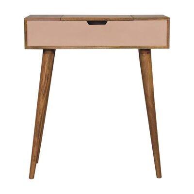 Blush Pink Mini Dressing Table Blush pink mini dressing table with a single drawer, natural wood frame and tapered wooden legs