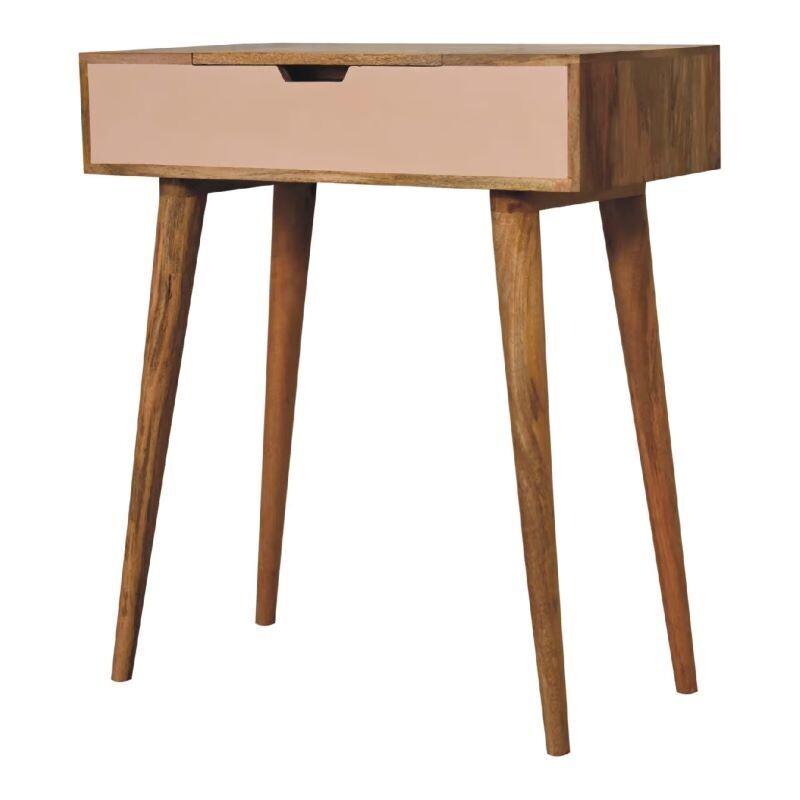 Blush pink mini dressing table with a single drawer, natural wood frame and tapered wooden legs