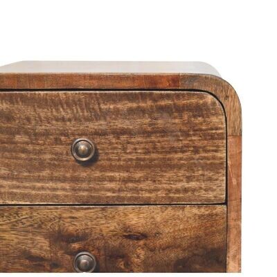 Wooden bedside cabinet with two drawers, rounded edges and tapered legs, finished in warm natural wood with visible grain.