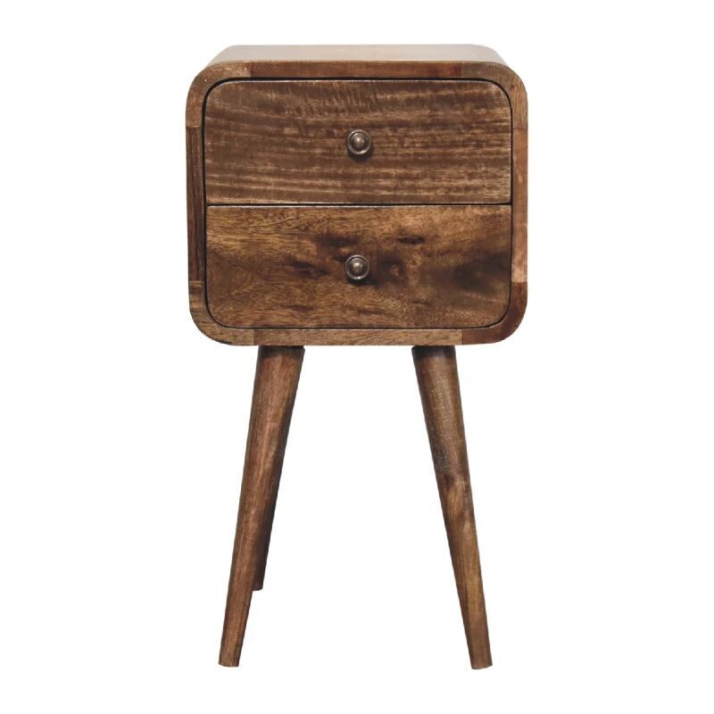 Broadway Bedside Cabinet Wooden bedside cabinet with two drawers, rounded edges and tapered legs, finished in warm natural wood with visible grain.