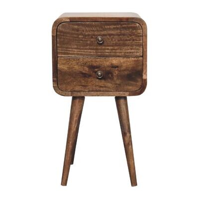 Broadway Bedside Cabinet Wooden bedside cabinet with two drawers, rounded edges and tapered legs, finished in warm natural wood with visible grain.