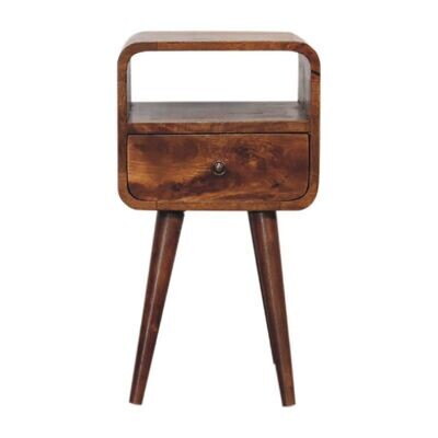 Curved Mini Open Slot Chestnut Bedside Cabinet The Mini Curved Chestnut Bedside Cabinet is designed to fit into any bedroom with a more restricted space.