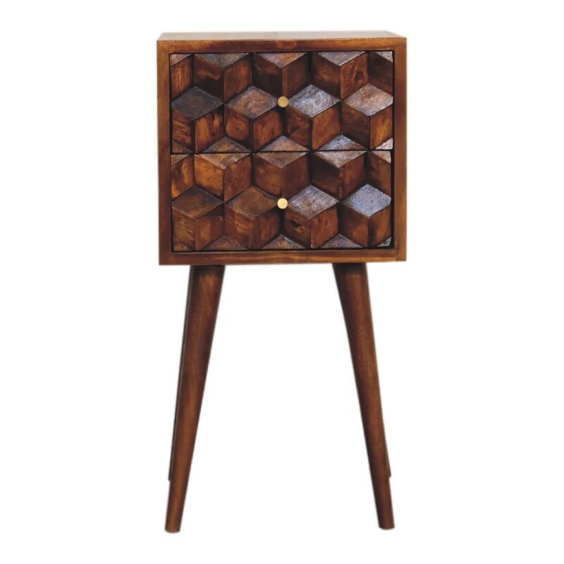 An interestingly patterned bedside cabinet built in solid Mango wood finished in a warm Chestnut.