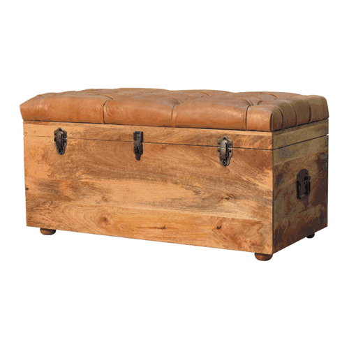 Never got enough space? This chest is so useful for storing spare bedding, towels or just about anything.
With its hinged top, it is so easy to get to anything you've stashed away, and it's so attractive in an oak colour finish and tan leather top, which is also handy for sitting on to do those bedroomy things!
It is built from sturdy mango wood and crafted by hand. Gif view showing all views.
90 cm wide, with a height and depth of 45 cm. 