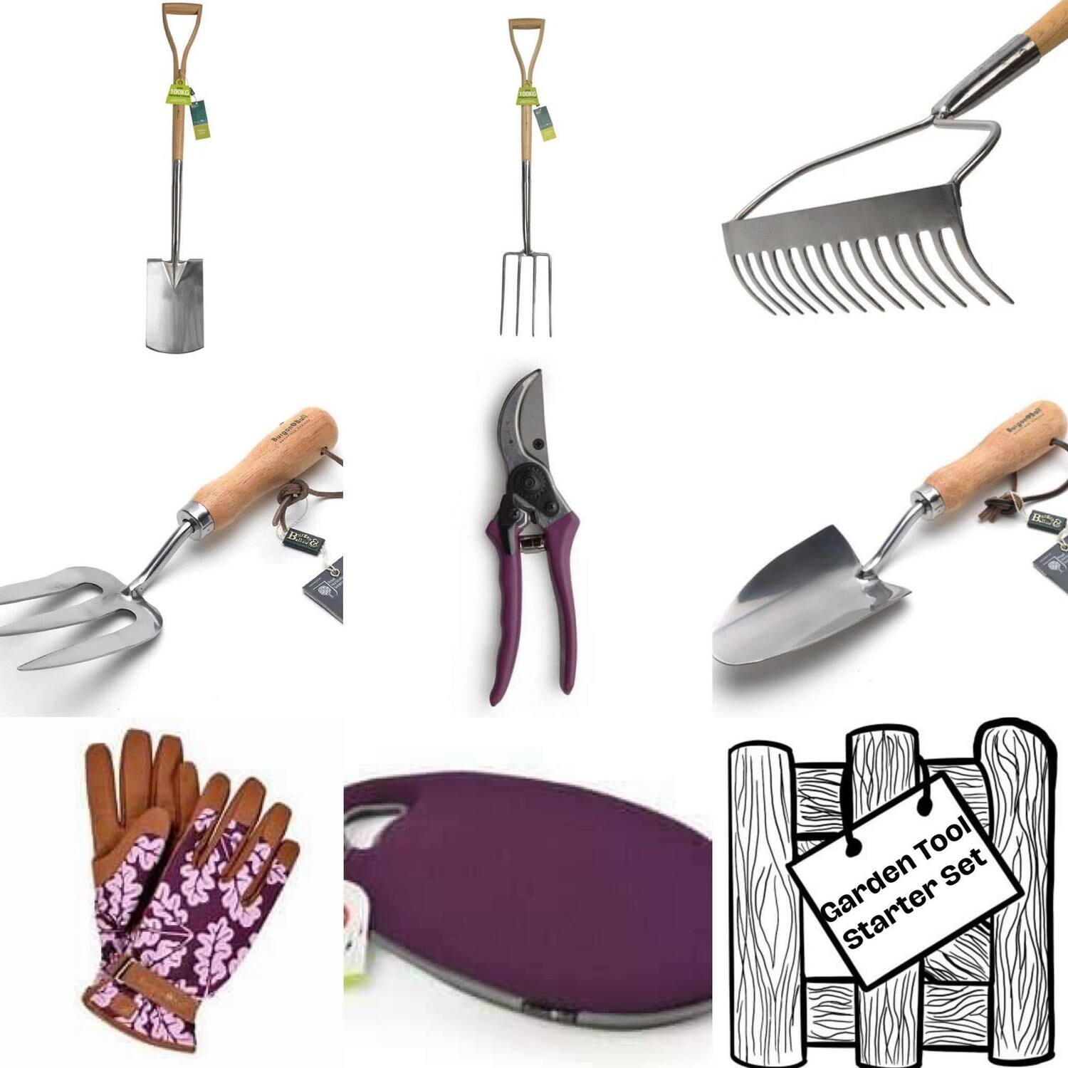 Digging Fork and Spade, a Hand Trowel and Fork, a Ground Rake, Secateurs, Kneelo Kneeler and Garden Gloves.