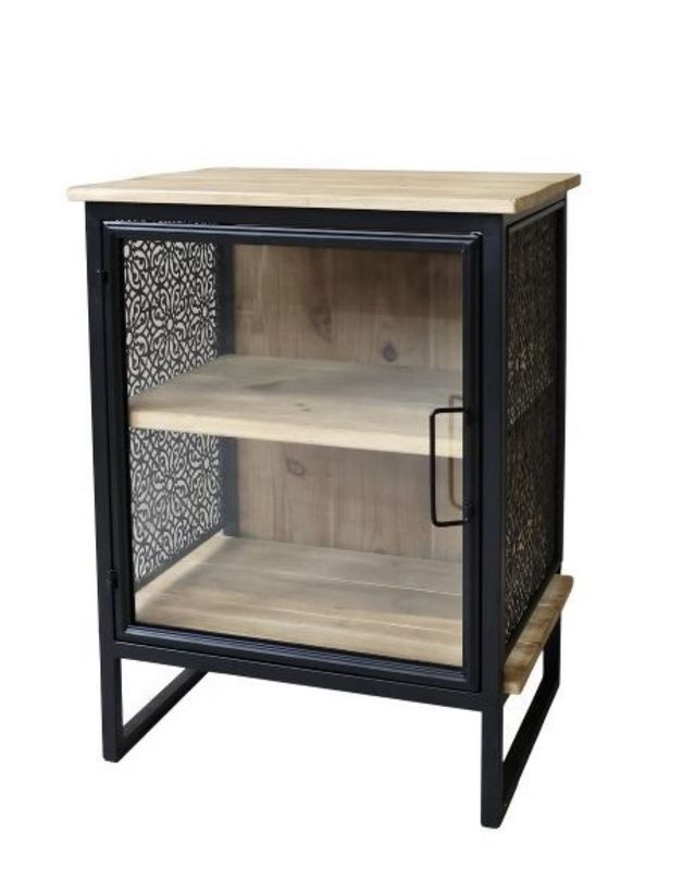 Avon Side Cabinet From our Avon range, this side cabinet features an opening glass door and two firwood shelves. The side black decorative panels and firwood top set this cabinet off really well.