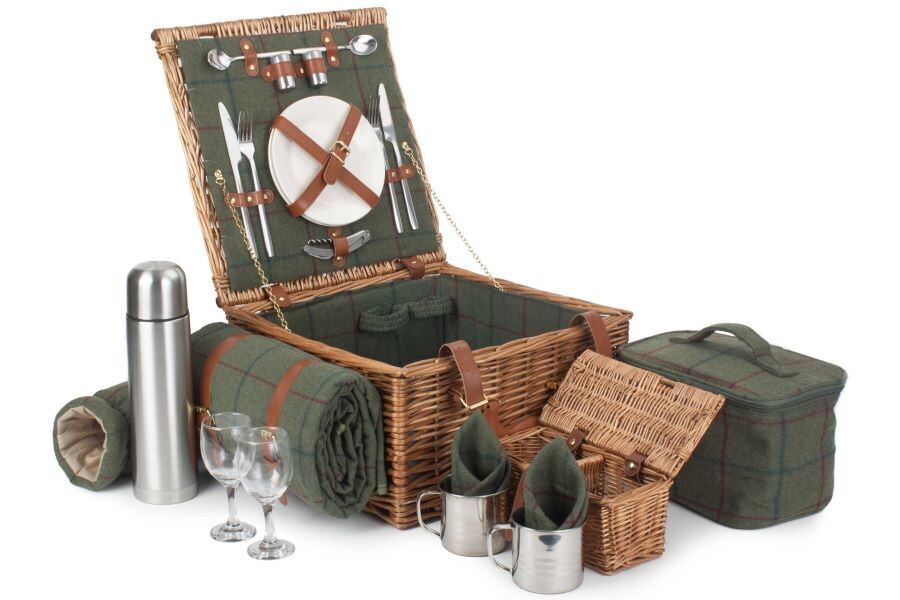Deluxe Green Tweed Two Person Picnic Hamper