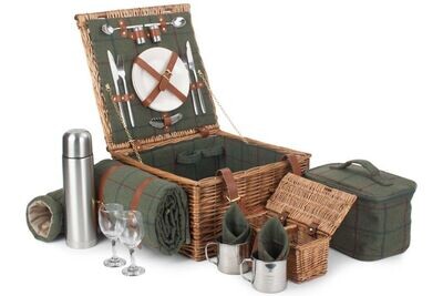 Deluxe Green Tweed Two Person Picnic Hamper