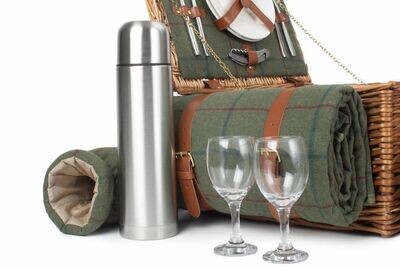 Deluxe Green Tweed Two Person Picnic Hamper