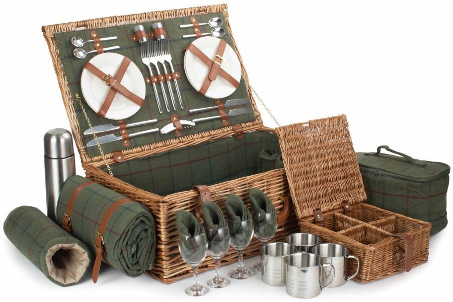 Deluxe Green Tweed Four Person Picnic Hamper