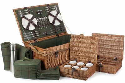 Rope Handled Green Tweed Six Person Picnic Hamper