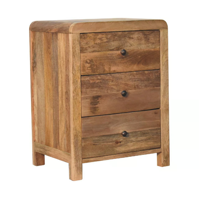 Oak effect bedside cabinet featuring three stacked drawers, visible wood grain pattern and softly rounded corners