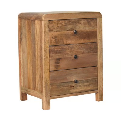 Oak effect bedside cabinet featuring three stacked drawers, visible wood grain pattern and softly rounded corners