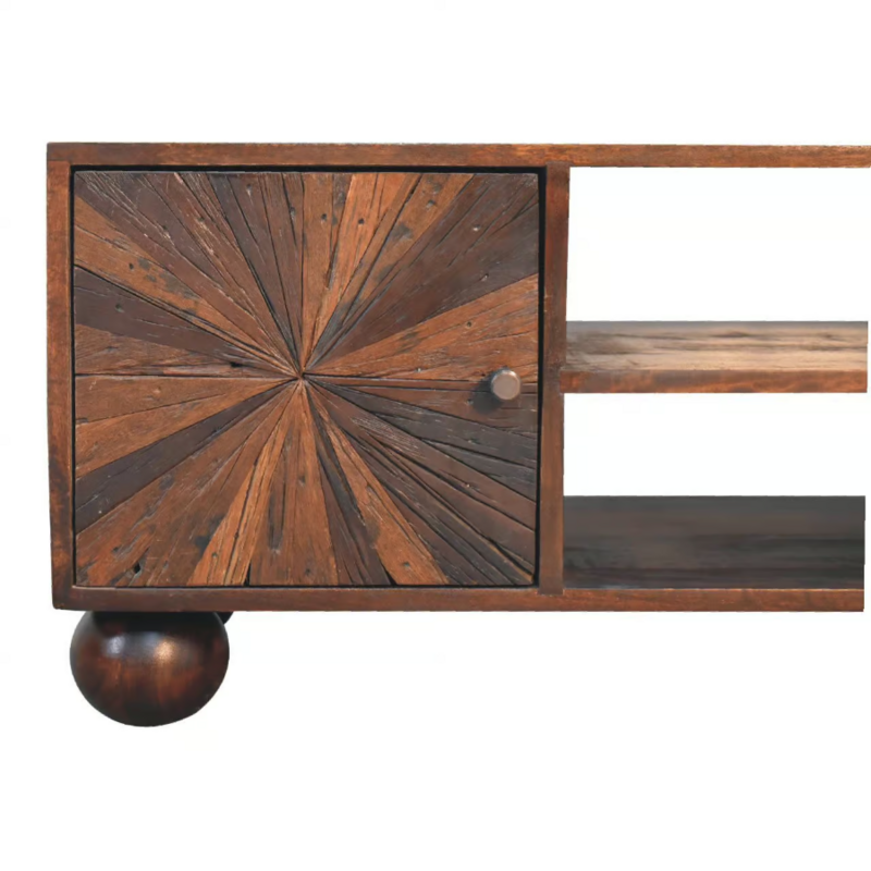 Walnut-finish TV media unit with sunburst-patterned cupboard doors and open central shelving