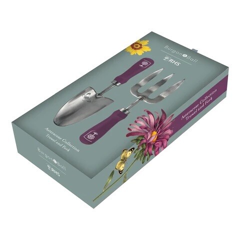 Asteraceae Design.  Light Duck Egg Blue with three yellow flowers and one purple flower design.
Purpled handle hand troel and hand fork. Gift box with pattern featured on.