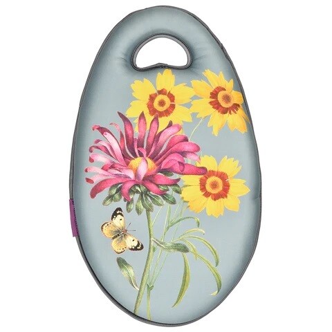 Asteraceae Design.  Light Duck Egg Blue with three yellow flowers and one purple flower design.
Kneelo Kneeler - oval shape cushion with cut out handle