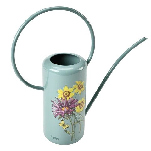 Asteraceae Design.  Light Duck Egg Blue with three yellow flowers and one purple flower design.
Image of indoor watering can with long cylindrical water holder long thing pouring spout and large tin circular handle.