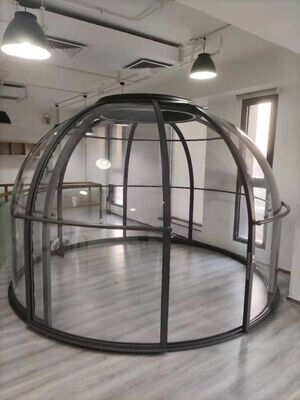 This Dome can be used in indoor and outdoor situations, in offices, restaurants and hotels, as well as in gardens and on terraces. 
At a diameter of 3.5 metres, it can accommodate a dinner party in any weather, and the glass is so strong it is even bulletproof, so quite suitable for inviting even unpopular guests.
It is more expensive than some others on the market, but there is no comparison in terms of quality and longevity. 