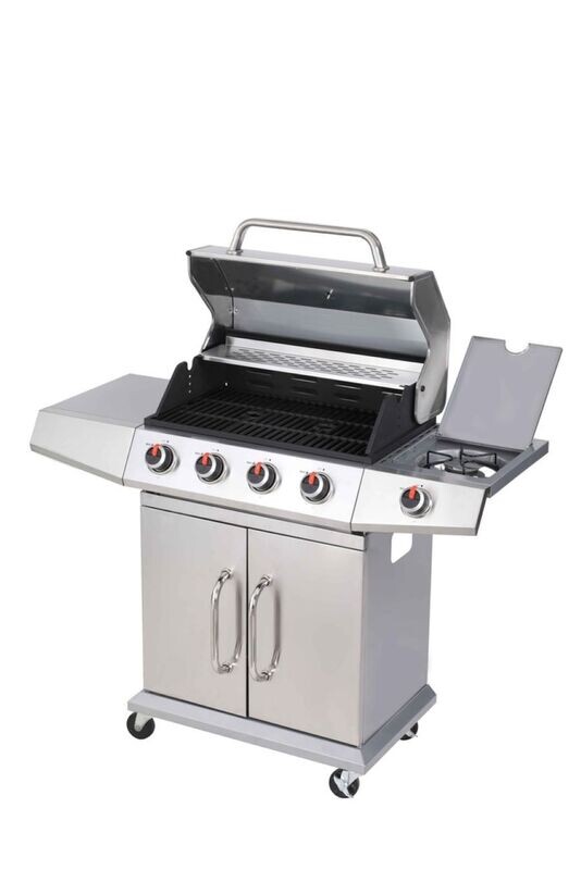4+1 Gas BBQ with all Accessories A quality gas barbecue (gas not supplied) that will be the envy of your guests (even if your sausages aren't!)
The cooking grids are cast iron and enamelled making for the easiest of cleaning and there is even a stainless steel warming rack, and a two doored cabinet for storage.
120 x 48 x 110 cm