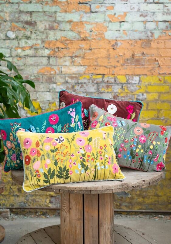 Fair Trade Amrita Velvet Cushions
Yellow, Turquoise, Deep Red and Grey.
Butterfly Wildflower Design