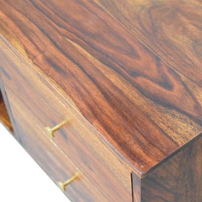 Solid Sheesham wood finished in a caramel chestnut .