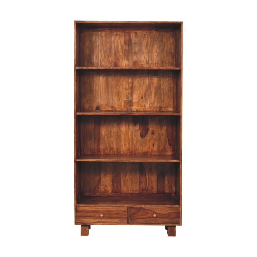 A full sized six feet high bookcase of sheesham wood, and finished in a warm caramel chestnut 