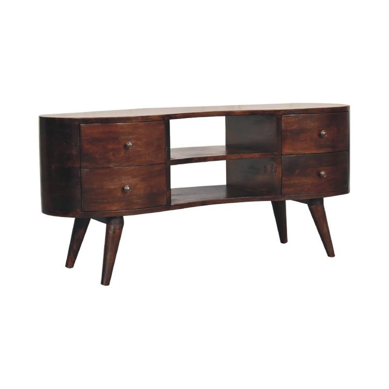 Stylish walnut media unit with sculpted wave-front doors, practical storage and an elegant, timeless design.