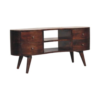 Stylish walnut media unit with sculpted wave-front doors, practical storage and an elegant, timeless design.