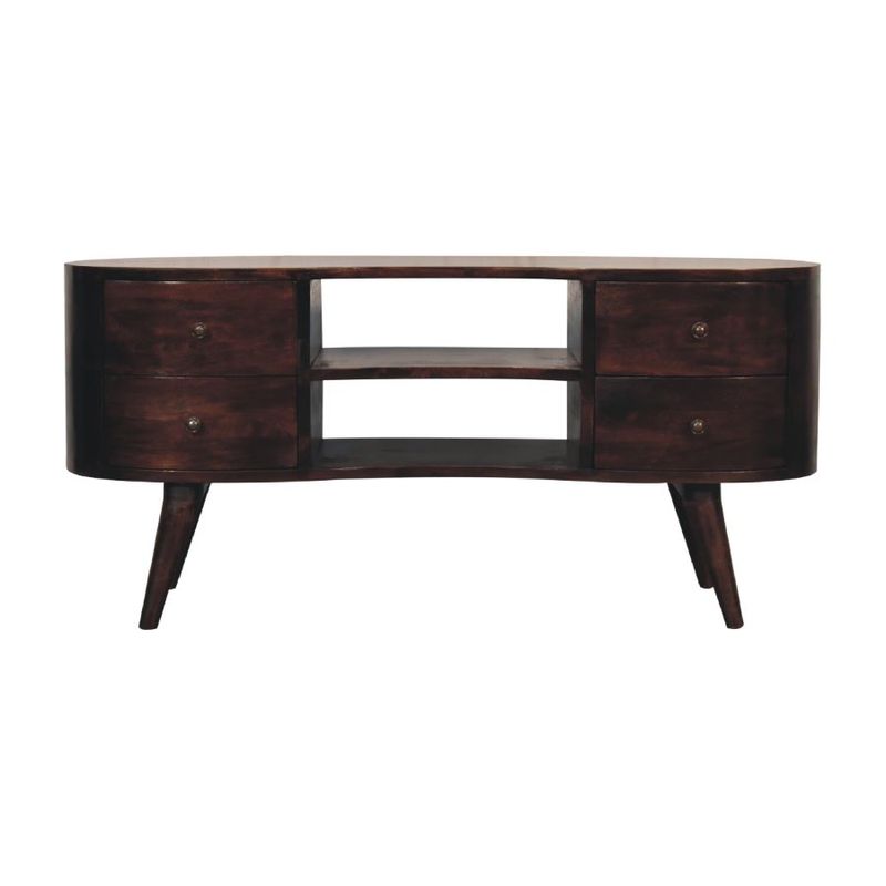 Stylish walnut media unit with sculpted wave-front doors, practical storage and an elegant, timeless design.