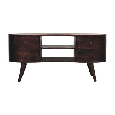 Stylish walnut media unit with sculpted wave-front doors, practical storage and an elegant, timeless design.