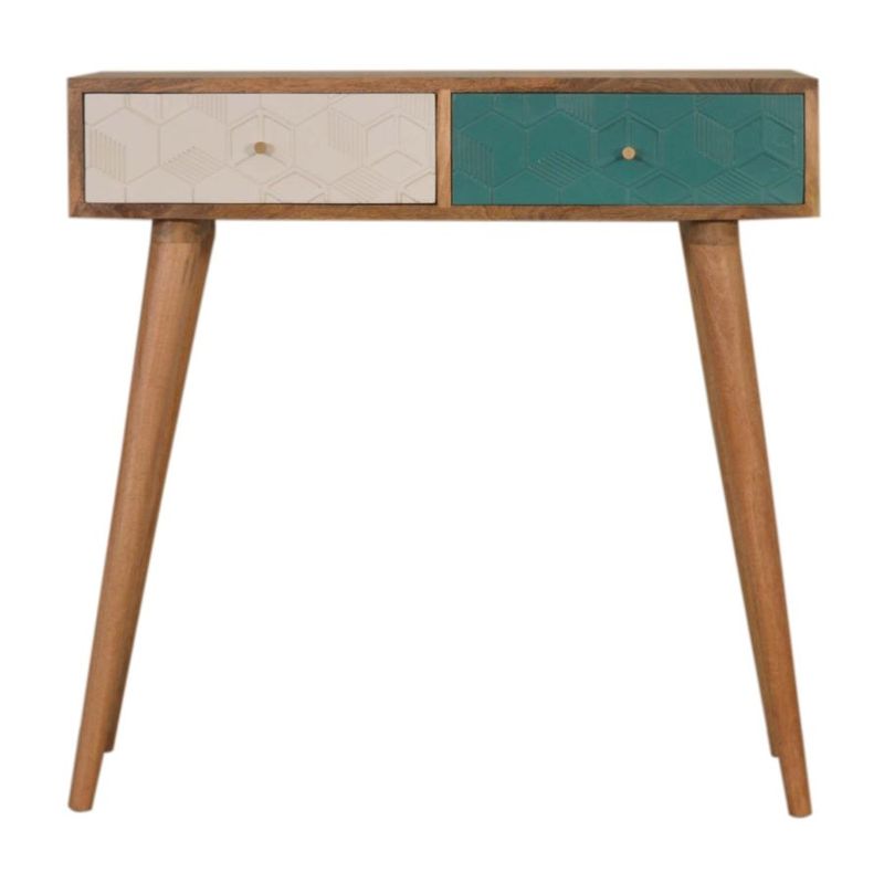 A contemporary console table in modern style with two drawers- one in white and the other in teal colour, making a pleasing piece of furniture.