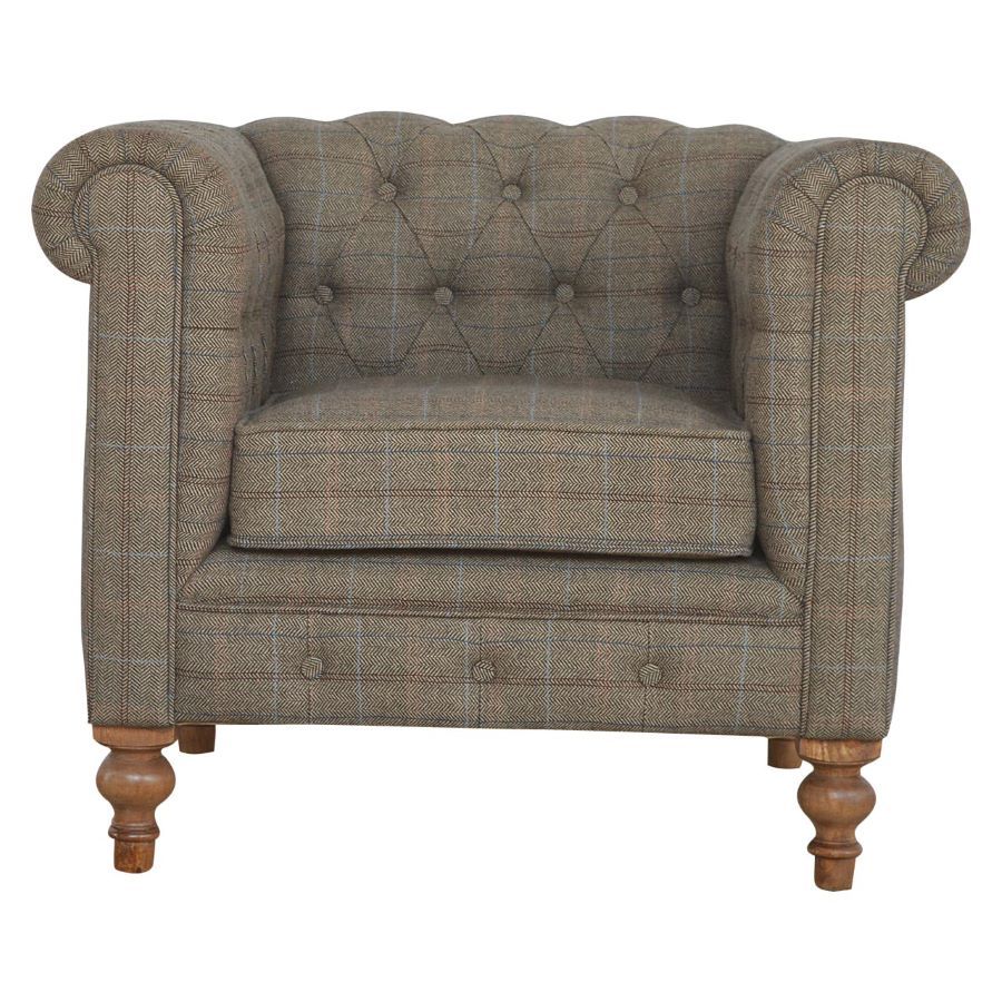 Multi Tweed Armchair This Multi Tweed Armchair is very popular with our customers and no wonder why! Its timeless style and fabric looks good in any setting and it is an extremely comfortable chair.