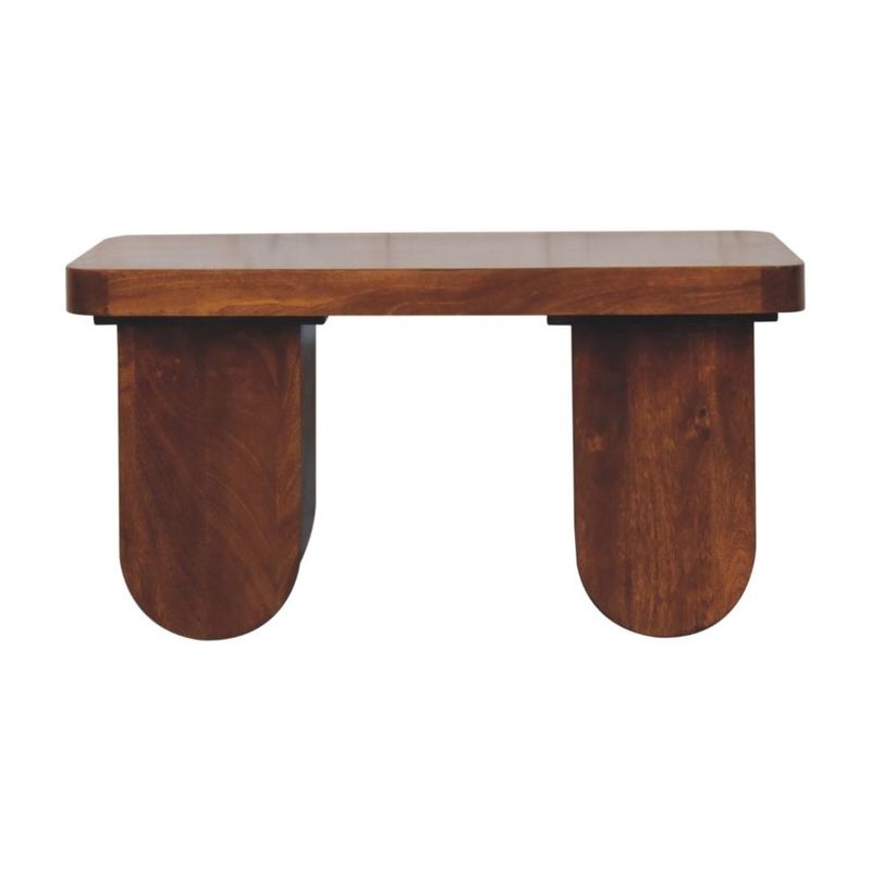 From the front view, see the thick chestnut table top and curve legs