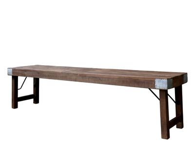 Amelie Wooden Bench Industrial solid wood bench with black metal supports, galvanized end caps and a rustic natural finish.