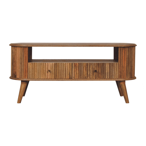 Roxanne media Unit with Two front Drawers and open space to house media equipment
Natural oak effect finish. It is a sturdy piece featuring a thick ridged base.
(gif showing all elevations)