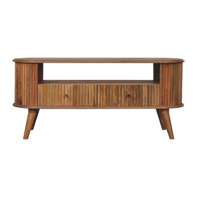Roxanne media Unit with Two front Drawers and open space to house media equipment
Natural oak effect finish. It is a sturdy piece featuring a thick ridged base.
Front Elevation
