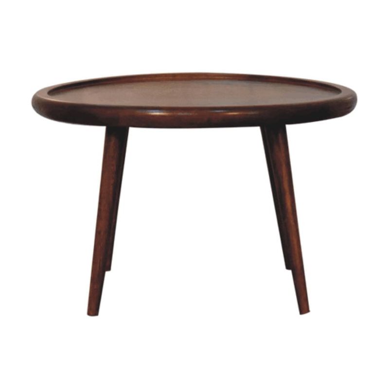 Wooster Chestnut Finish Coffee Table is crafted from 100% solid mango wood with a rimmed plate designed top and supported by sturdy Nordic-style legs. 
Front Elevation