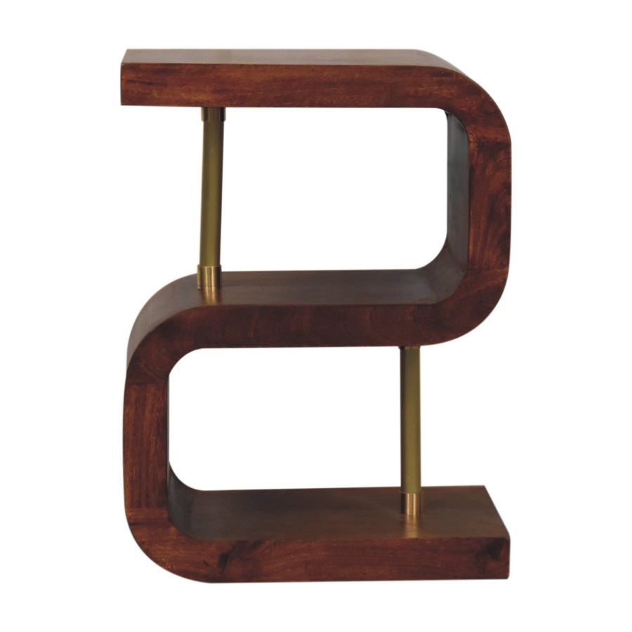 Chestnut Finish Bedside cabinet in shape of a letter S.  
Front elevation